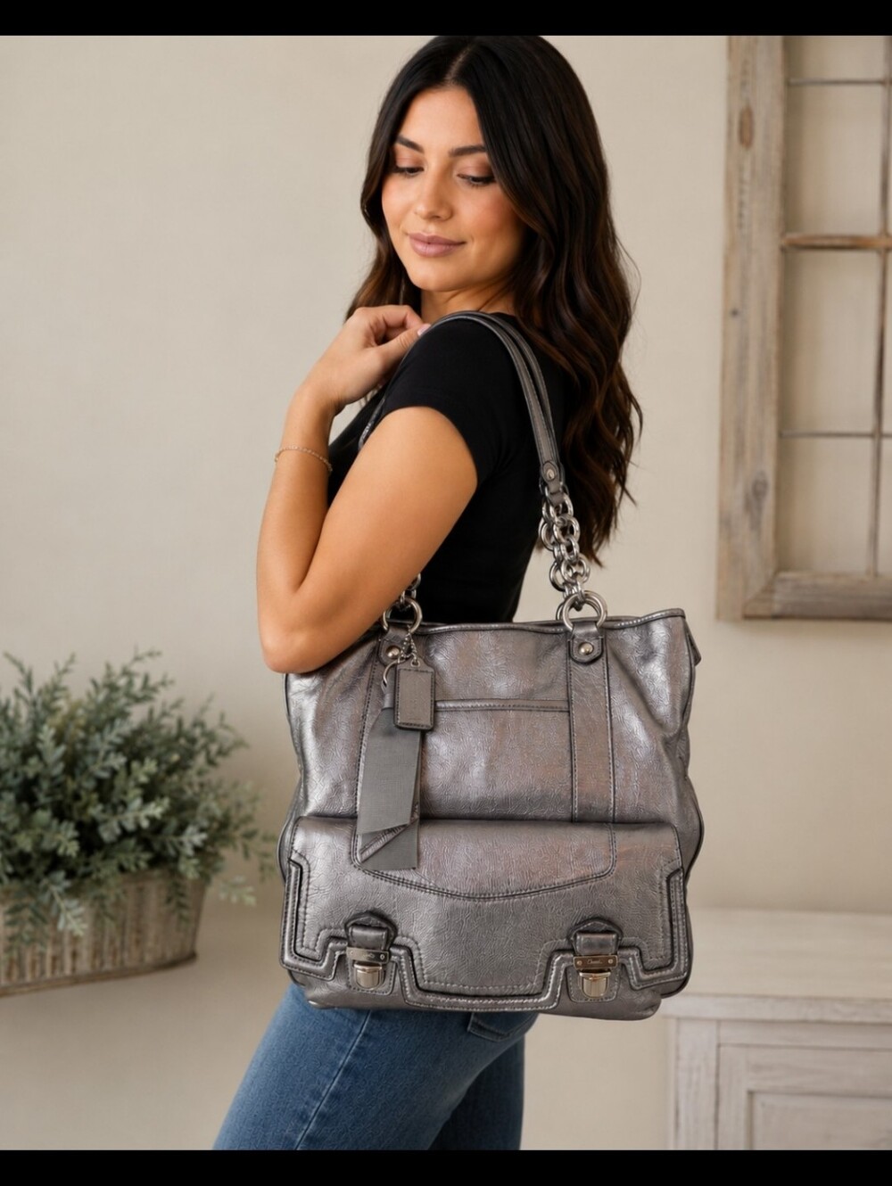 Coach Poppy Pushlock Metallic Leather Tote Y2K Silver Gray - Picture 16 of 16